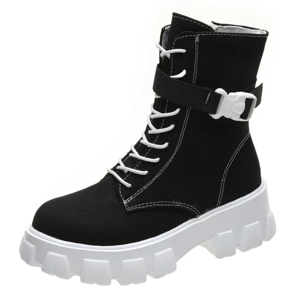 Chunky Heels Canvas Boots
