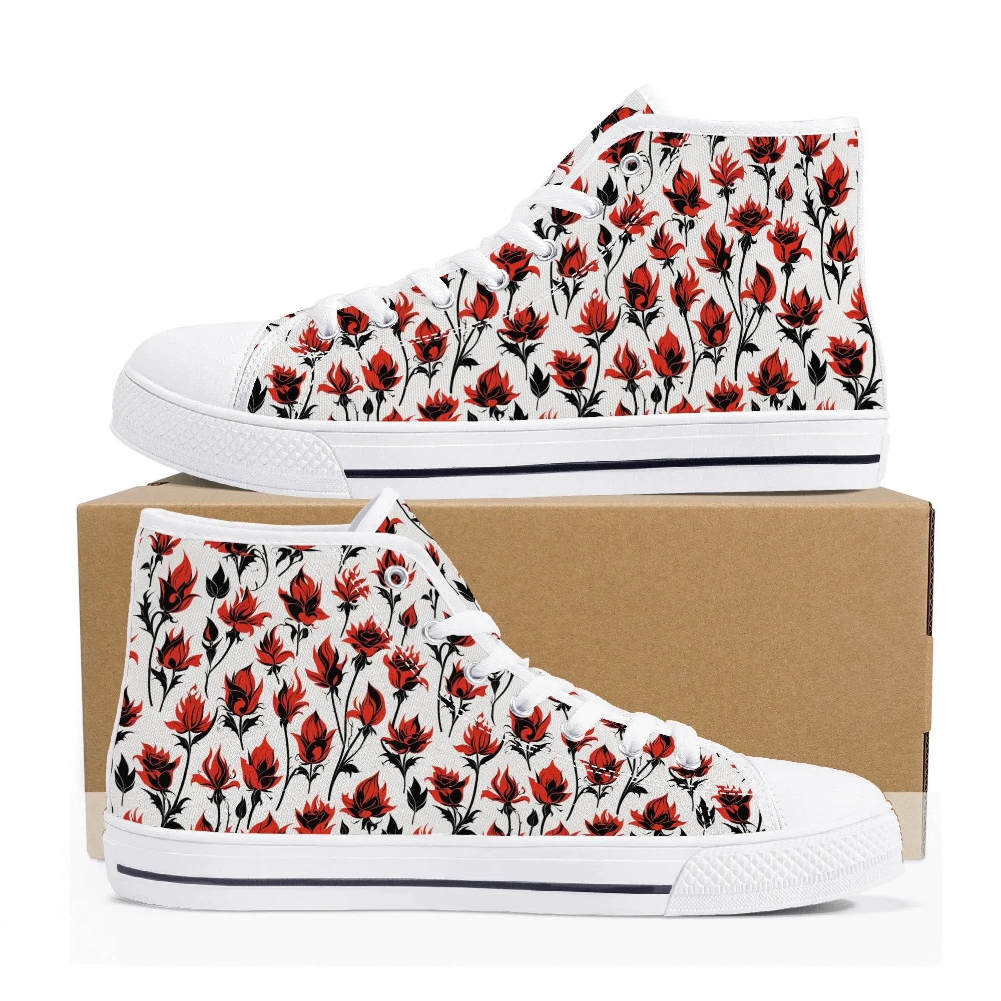 Floral Fire Rose Mens High Top Canvas Shoes