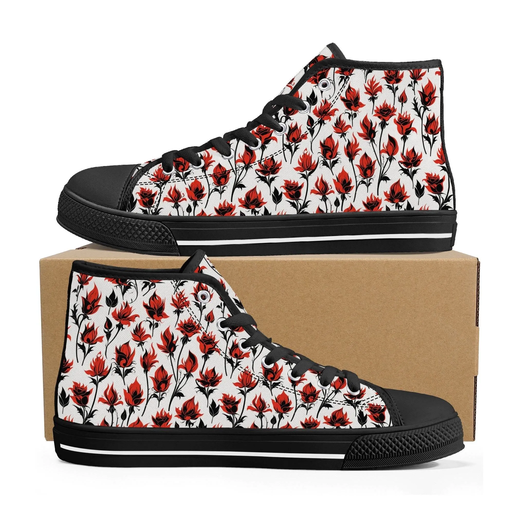 Floral Fire Rose Mens High Top Canvas Shoes