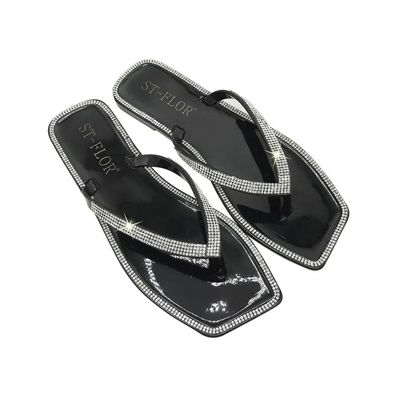 Women clear rhinestone square toe flip flop slide jelly sandals